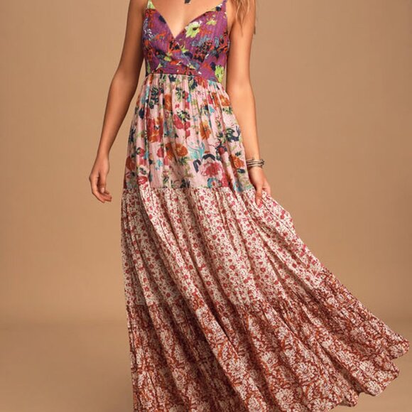 Lulus Boldly Boho Pink Multi Floral Print Tiered Maxi Dress - Size L - Picture 6 of 11